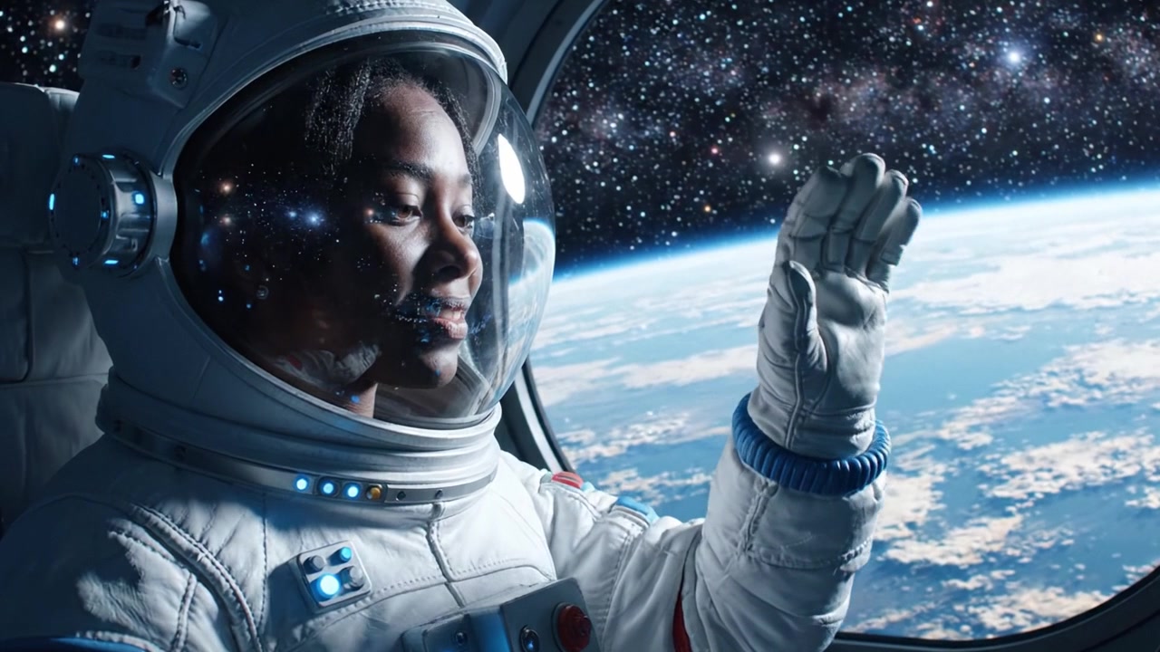 Un momento ispiratore nello spazio: un'astronauta pensierosa osserva l'immenso universo dalla sua navicella spaziale, contemplando la bellezza della Terra sottostante e delle stelle oltre