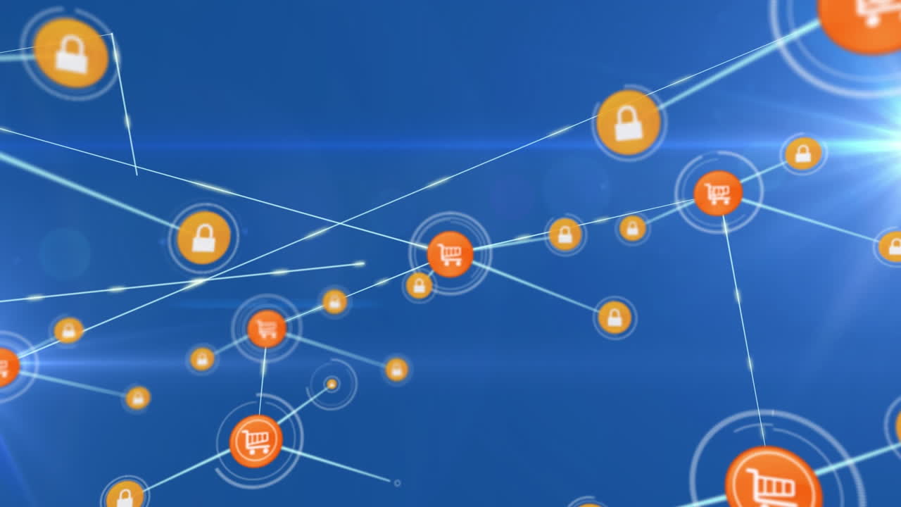 animación de la red de conexiones con iconos sobre formas sobre fondo azul