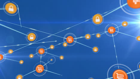 animation of network of connections with icons over shapes on blue background