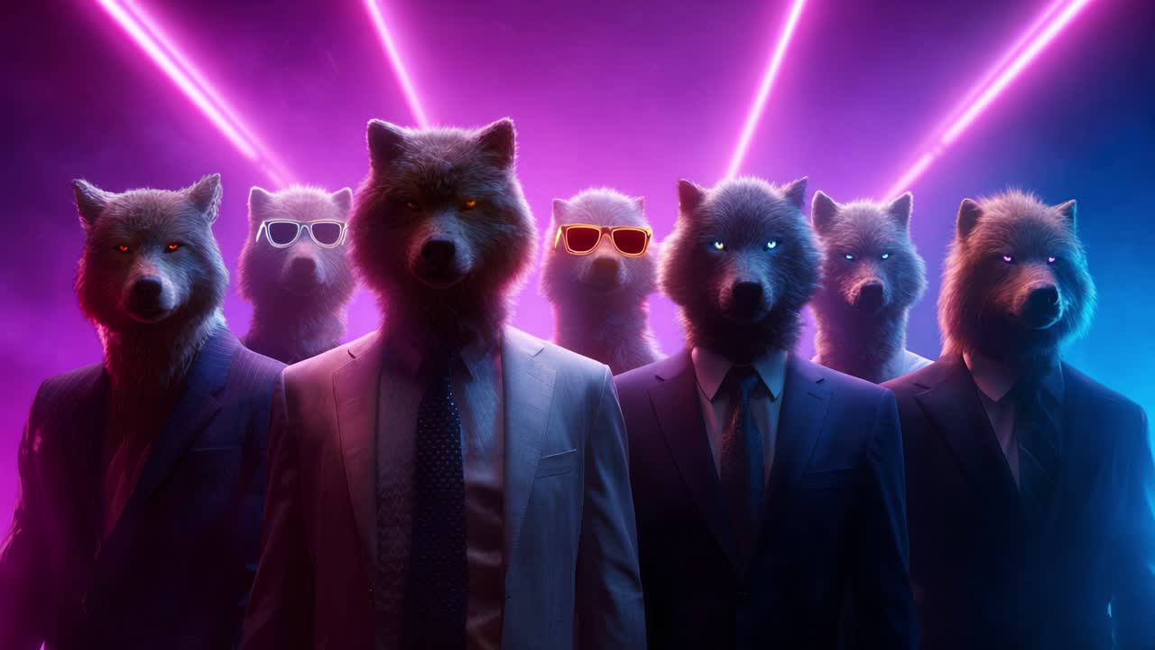 A striking visual of anthropomorphic wolves in suits poised against a vibrant background, with laser beams cutting through a colorful haze, creating an atmosphere of mystery and style