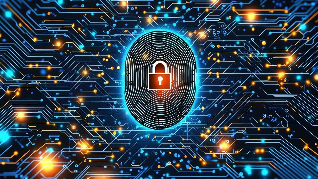 Secure digital fingerprint tech. A vibrant digital fingerprint and padlock symbol are at the center, surrounded by colorful circuitry.