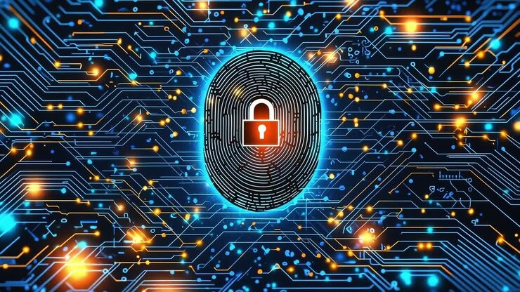 Secure digital fingerprint tech. A vibrant digital fingerprint and padlock symbol are at the center, surrounded by colorful circuitry.