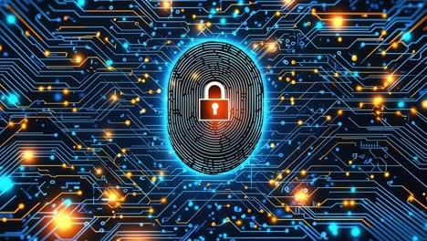 secure digital fingerprint tech. a vibrant digital fingerprint and padlock symbol are at the center, surrounded by colorful circuitry.