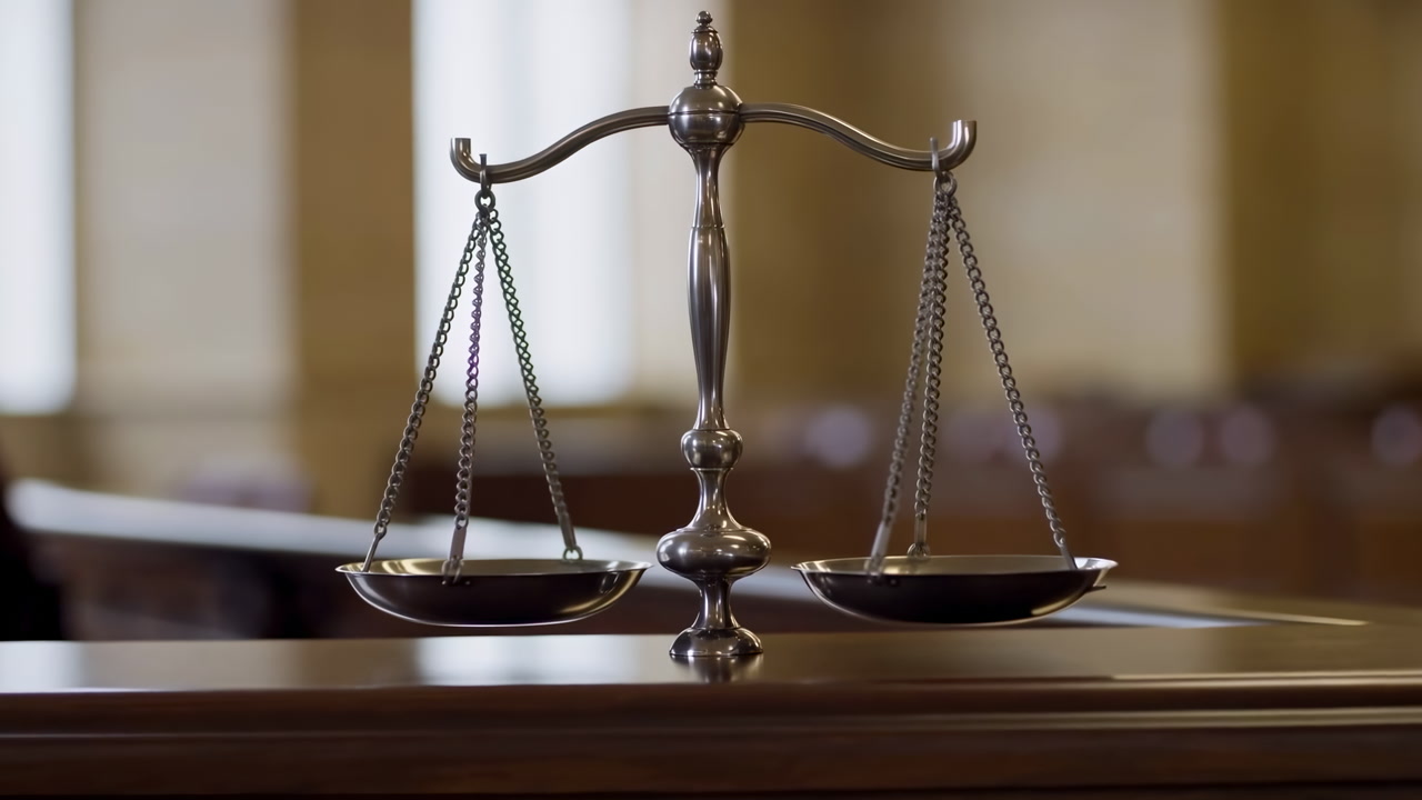 Brass Scales Of Justice Balanced On Polished Wood Bench Inside Quiet Courtroom, Warm Window Light, Shallow