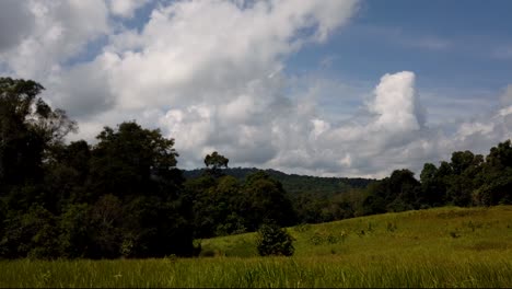 Landschaft-Im-Khao-Yai-Nationalpark,-Bäume-Und-Berge-Mit-Flauschigen-Großen-Wolken,-Die-Schatten-Werfen