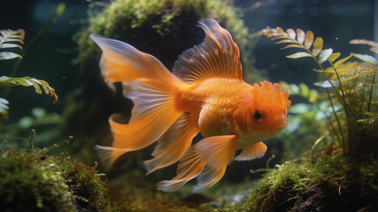 Gravando com câmera frontal: Peixe Oranda deslizando e explorando aquário plantado com musgo