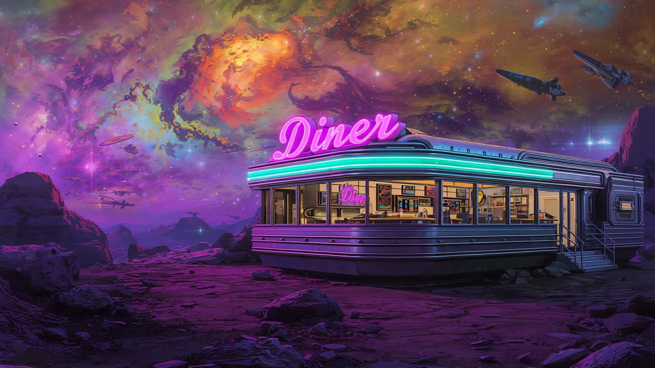 Glowing pink neon sign illuminating chrome diner on alien plain with starships beneath nebula sky