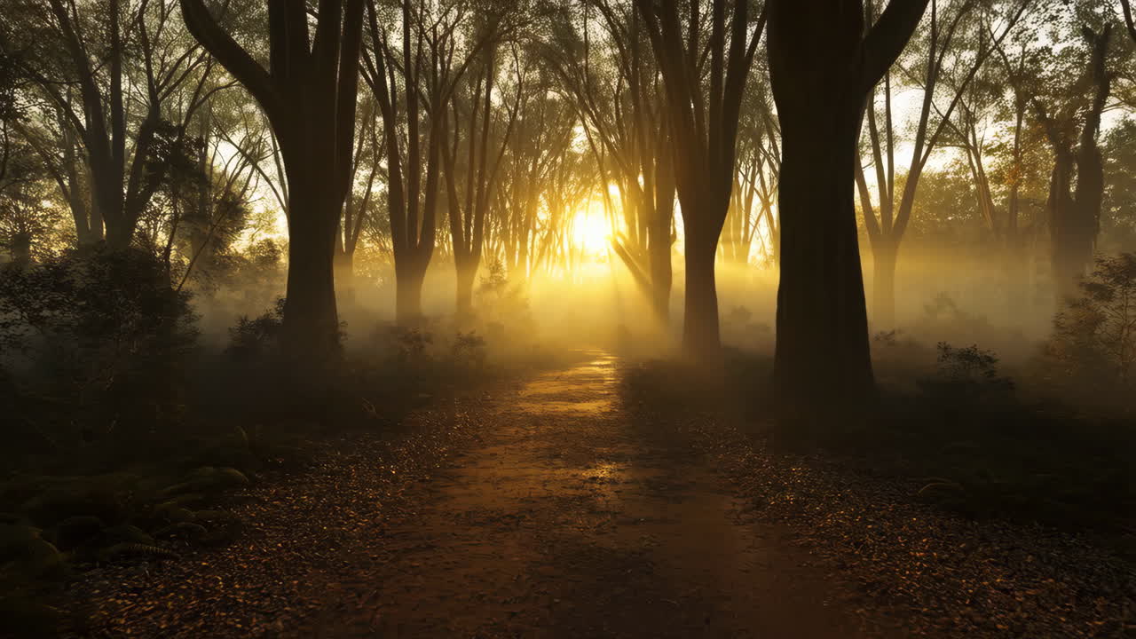 Sunlight Piercing Through Misty Forest Path