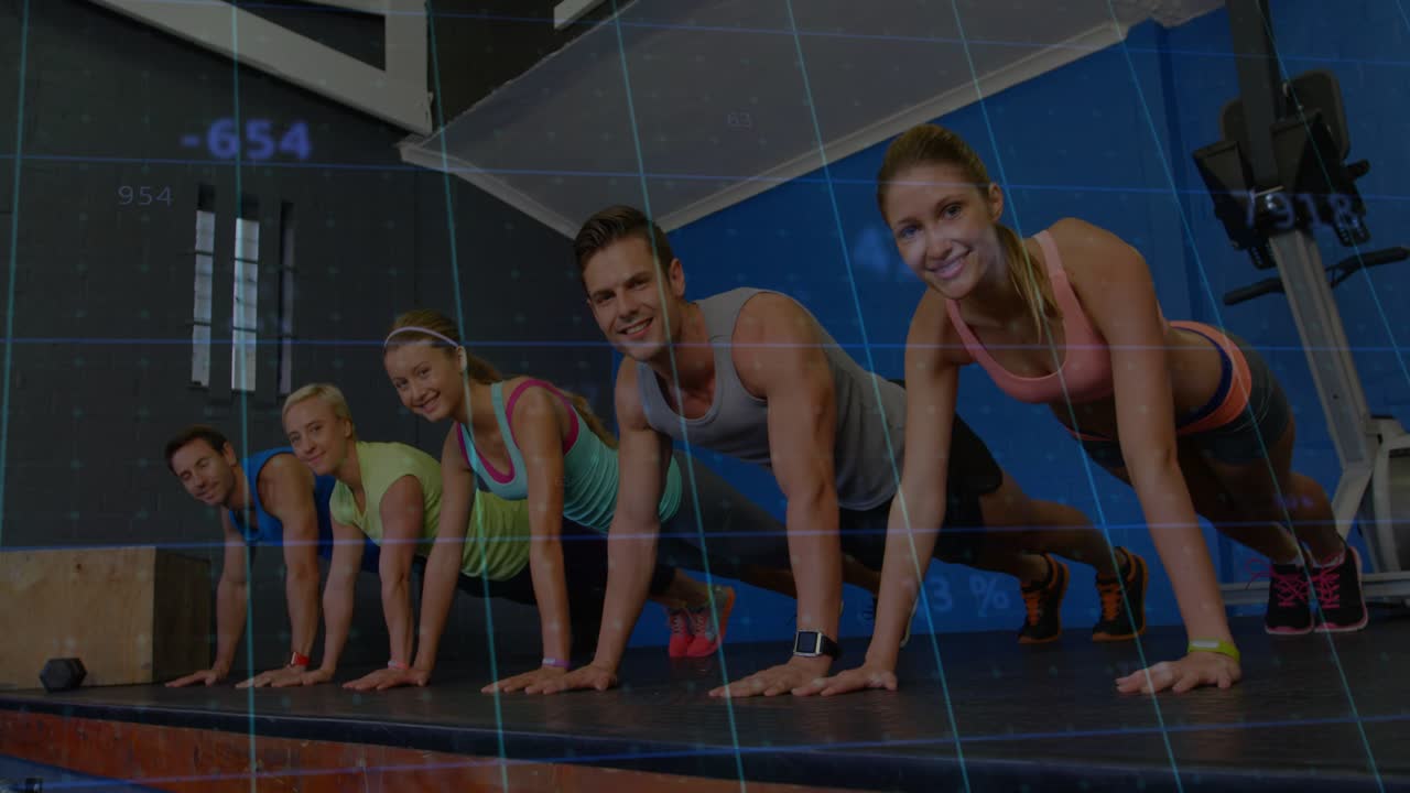 Fitness group holding plank on raised platform, numeric graphics sliding over scene guiding reps