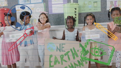 children holding recycling signs and bags over environmental awareness animation