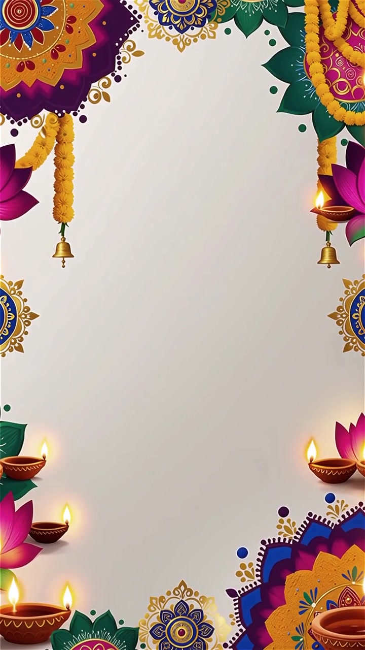 Sfondo Diwali con Diyas luminosi, Rangoli e fiori di loto