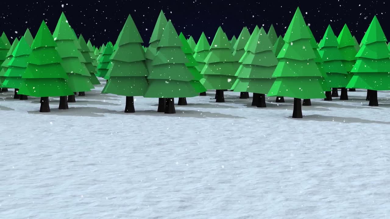 Snow falling over multiple tree icons on winter landscape against black background
