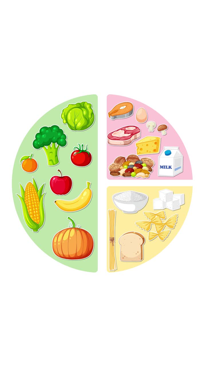 Diagram lingkaran berwarna-warni diisi dengan buah-buahan, sayuran, protein, produk susu, biji-bijian; gaya animasi vektor datar