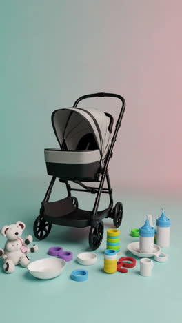 modern baby stroller with essentials and toys