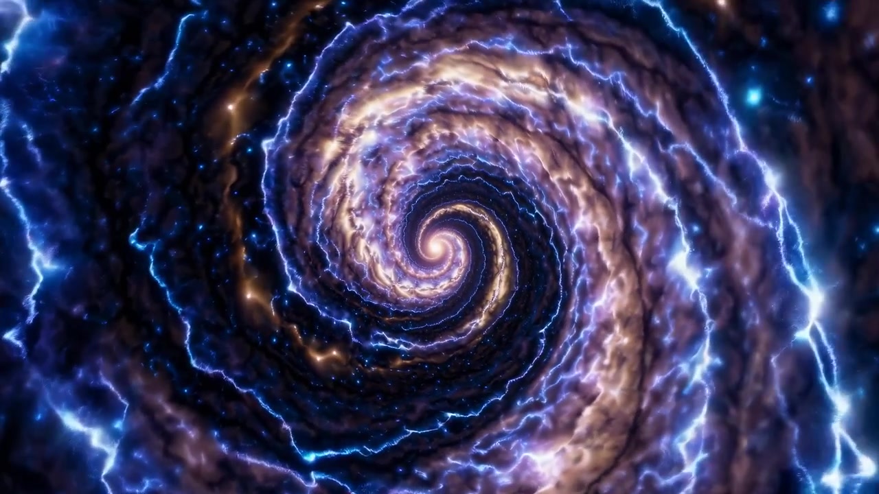 Tunnel a spirale astratto di fulmini e nuvole temporalesche