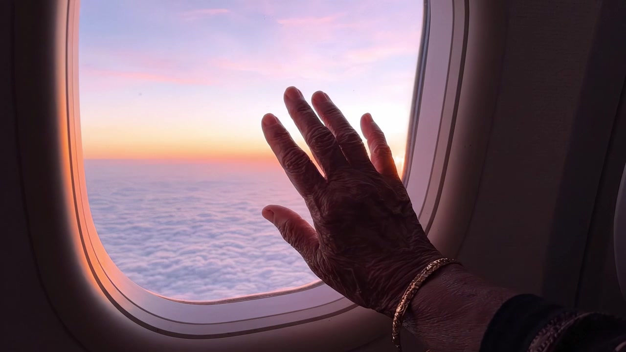 Captivating Sunrise Over Clouds: A Hand Reaches Out to the Horizon from an Airplane Window, Embracing the Beauty and Tranquility of Morning Skies