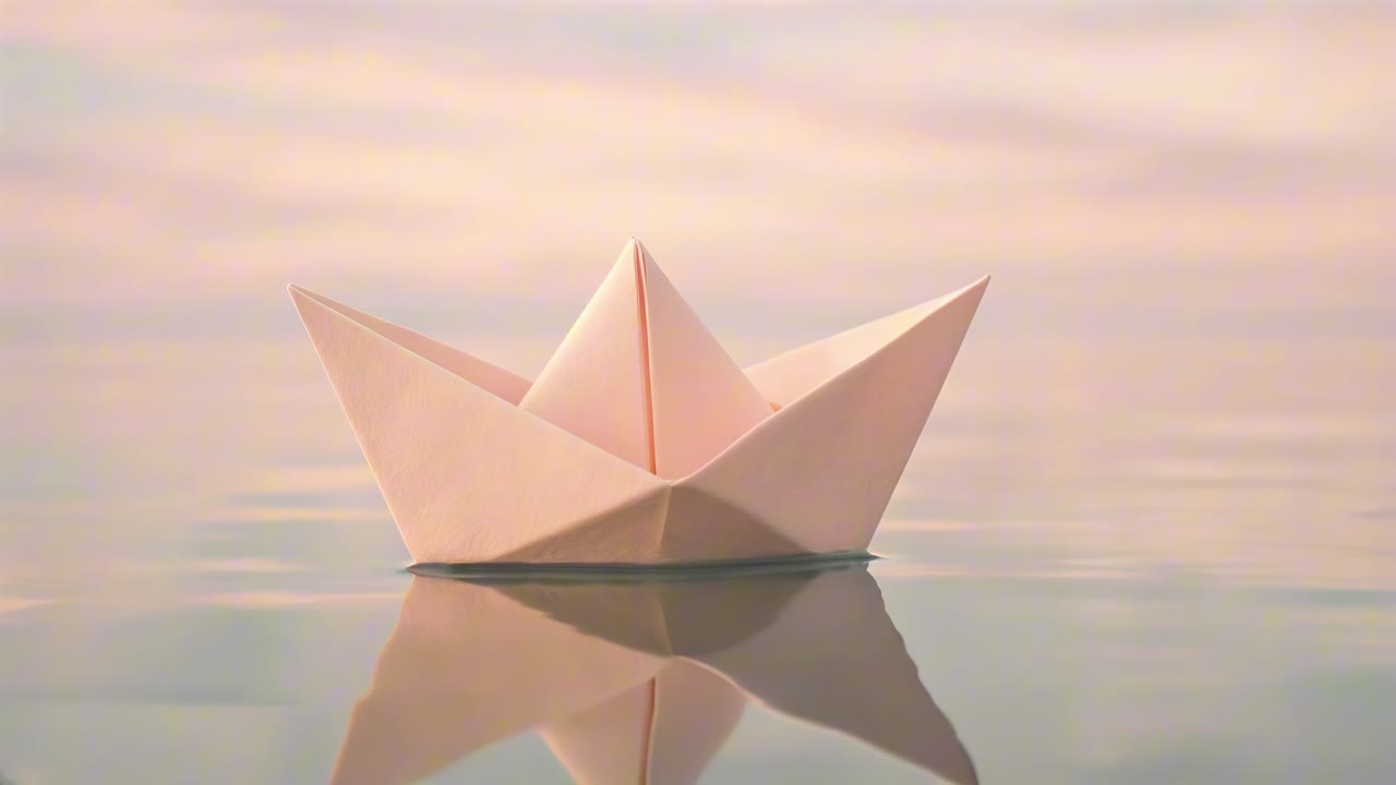 A serene video scene of a paper boat floating on calm water at sunset, captured from a low angle