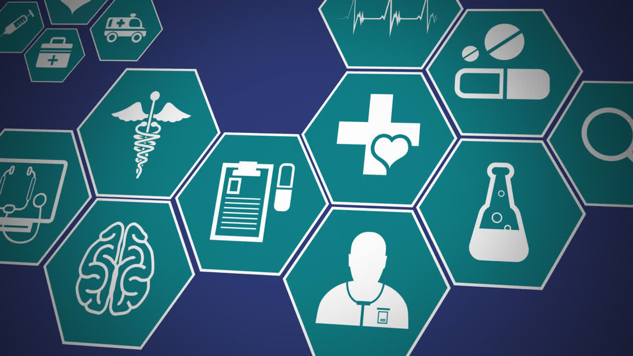 анимация нескольких медицинских икон, плавающих на синем фоне