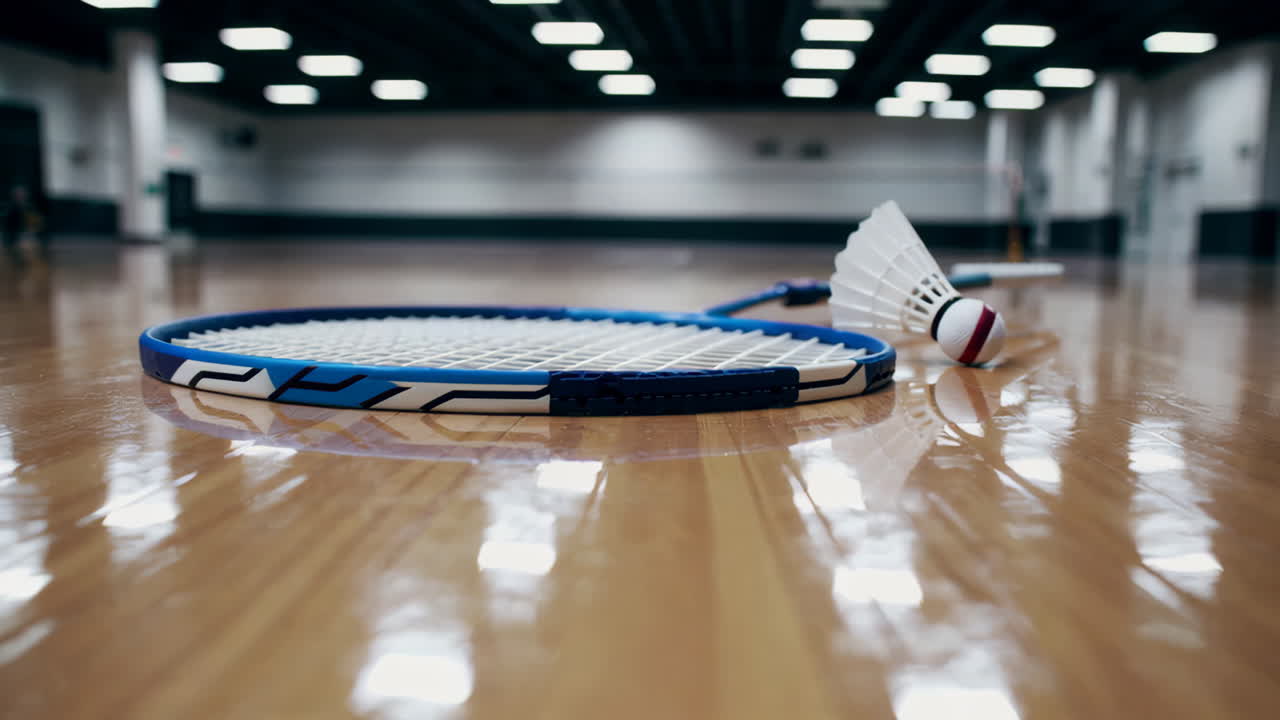 Badminton Racket and Shuttlecock on Court Floor