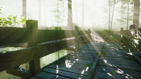 Suspended-wooden-bridge-crossing-the-river-to-foggy-mysterious-forest