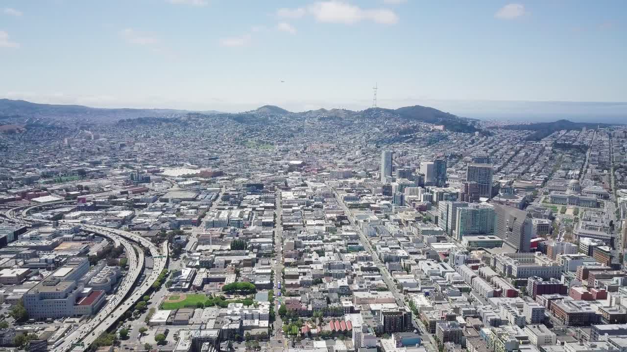 Spectacular aerial panorama of San Francisco Financial District on sunny day, California