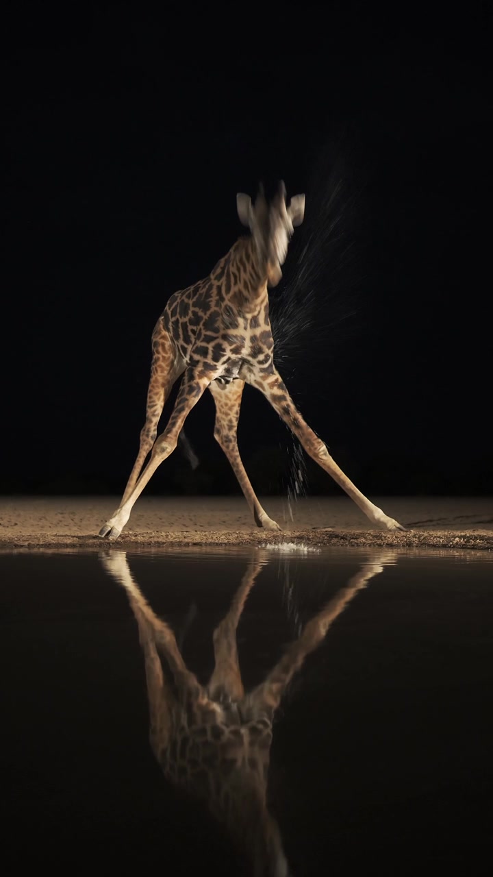 Girafa bebendo em Safári Noturno, Animais Africanos em Bebedouro no Quênia, Cena Noturna da Savana Africana na natureza em habitat natural no escuro.