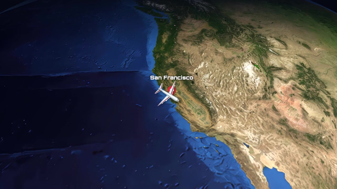 Animación de vista satelital sigue a un avión comercial volando a través del Océano Pacífico entre dos ciudades.