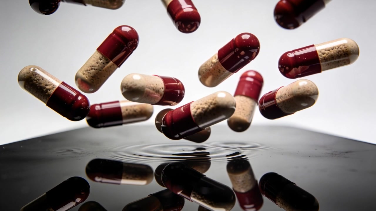 Rilascio di capsule di gelatina rosse e beige che cadono verso una piattaforma nera lucida, creando increspature per una pubblicità.