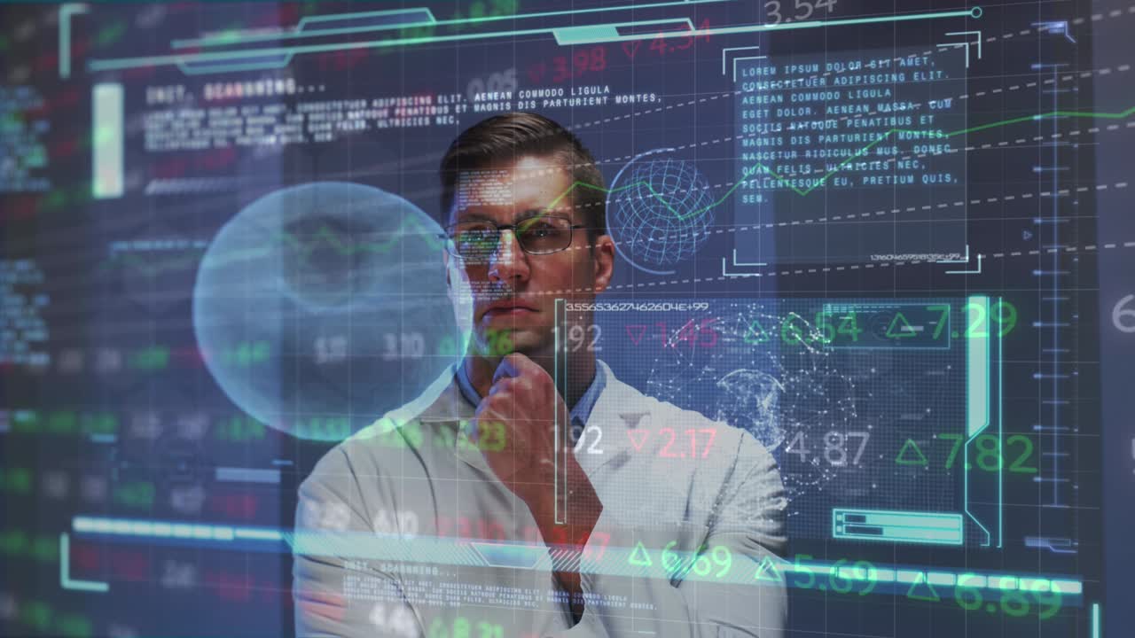 Animation of screen with covid 19 cell and data processing over male doctor