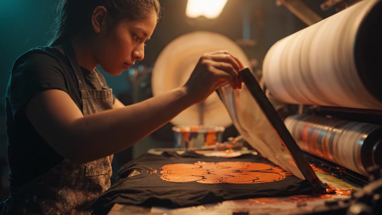 A focused artist meticulously screen printing vibrant designs onto fabric in a well-equipped workshop, showcasing creativity and dedication to craft in each frame.