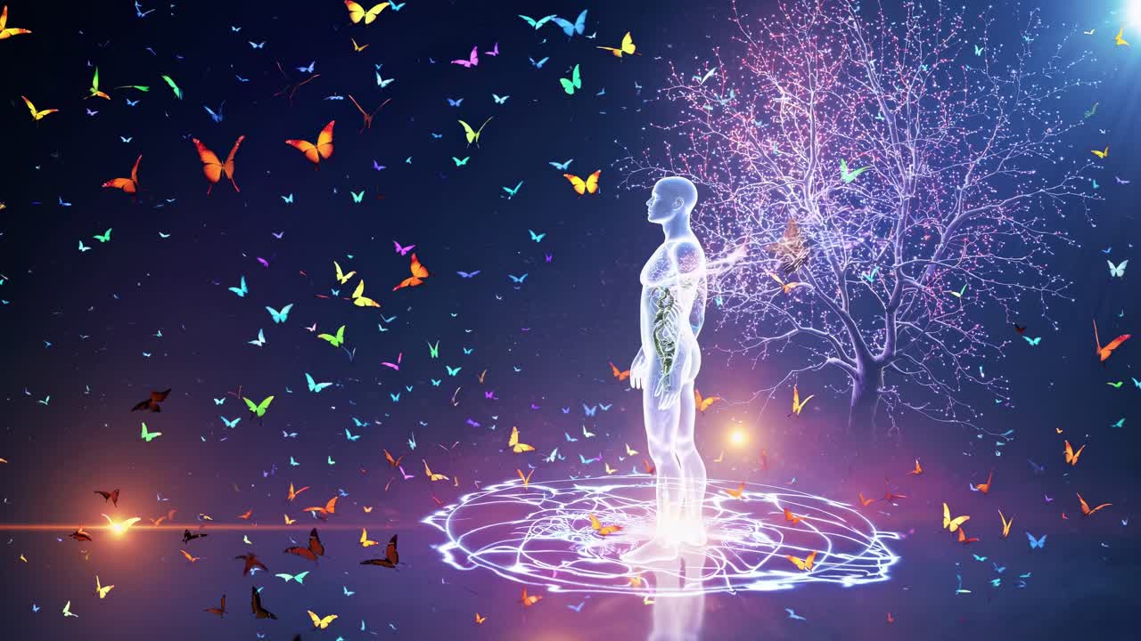 Ethereal figure stands amidst a vibrant swirl of colorful butterflies, as energy radiates from the body, creating a mesmerizing connection with nature and the surrounding magical atmosphere