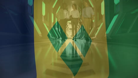 walking in futuristic corridor, people with saint vincent and grenadines flag animation