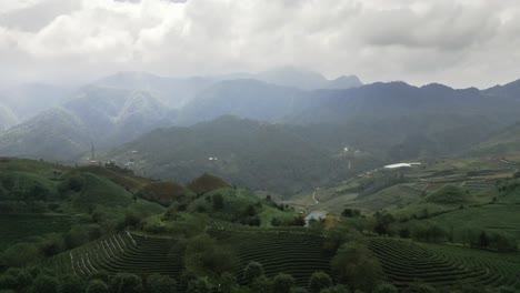 impresionante toma aérea inclinada de campos de arroz y montañas en sapa, vietnam