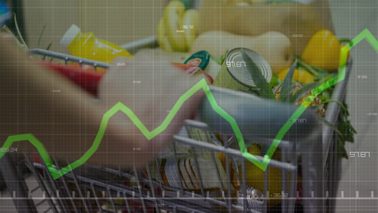 Hand gripping handle starting push, hand pushing cart while green graph rising showing sales trend