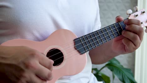hombre de mediana edad 30 y con cuentas está jugando y silbando con su ukulele rosado al lado de una gran ventana y cerca de una planta verde