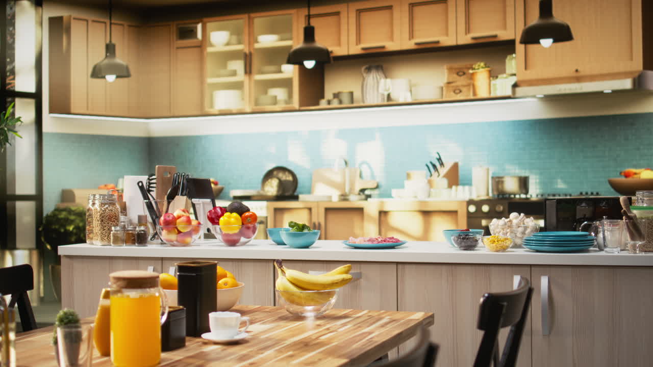 Empty kitchen with wooden dining furniture and modern appliances