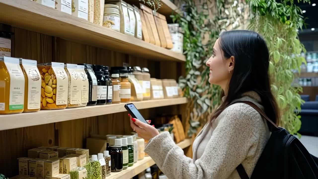 Video captures a woman shopping in a health store, side angle
