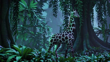 giraffe in a mystical jungle at night