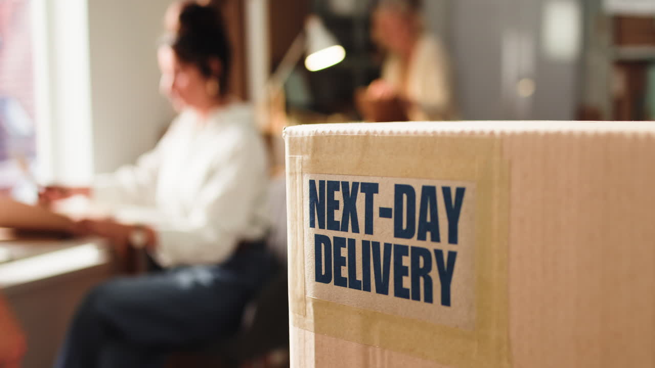 Cardboard Box with Next-Day Delivery Label in a Busy Office