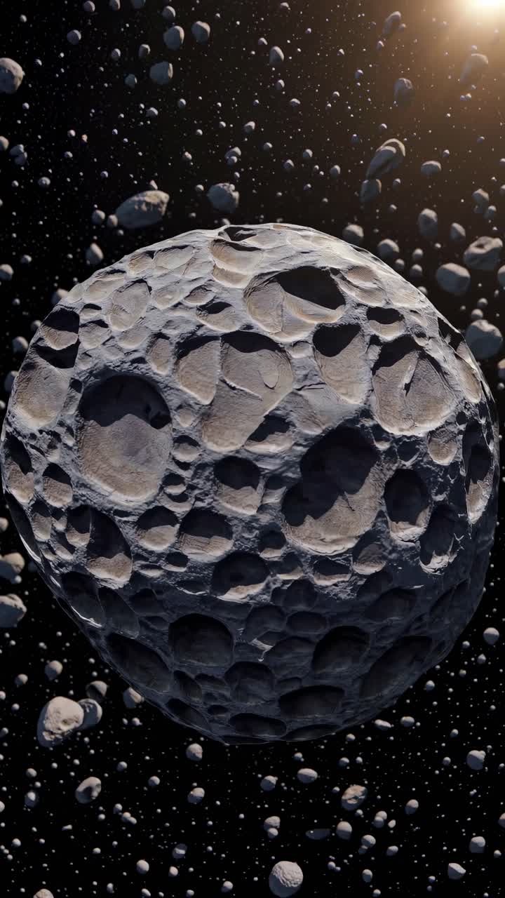 A cinematic wide-angle video shot of an asteroid field in deep space, showcasing countless rocks