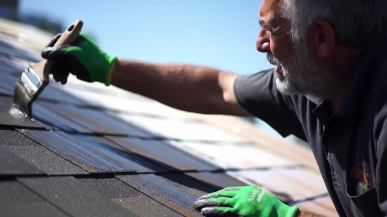 A professional meticulously applies a protective coating to shingles on a rooftop under bright sunlight. The detailed work ensures long-lasting durability and resistance against the elements.
