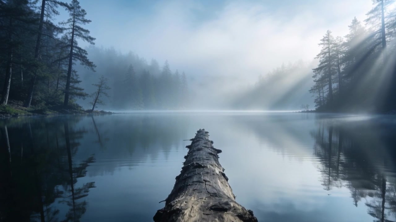 Luce solare che filtra attraverso la nebbia su un lago nel bosco, rivelando un tronco caduto stagionato e alberi sempreverdi