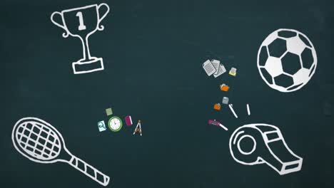 animation of colorful school items icons on black background