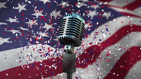 american flag with confetti and microphone