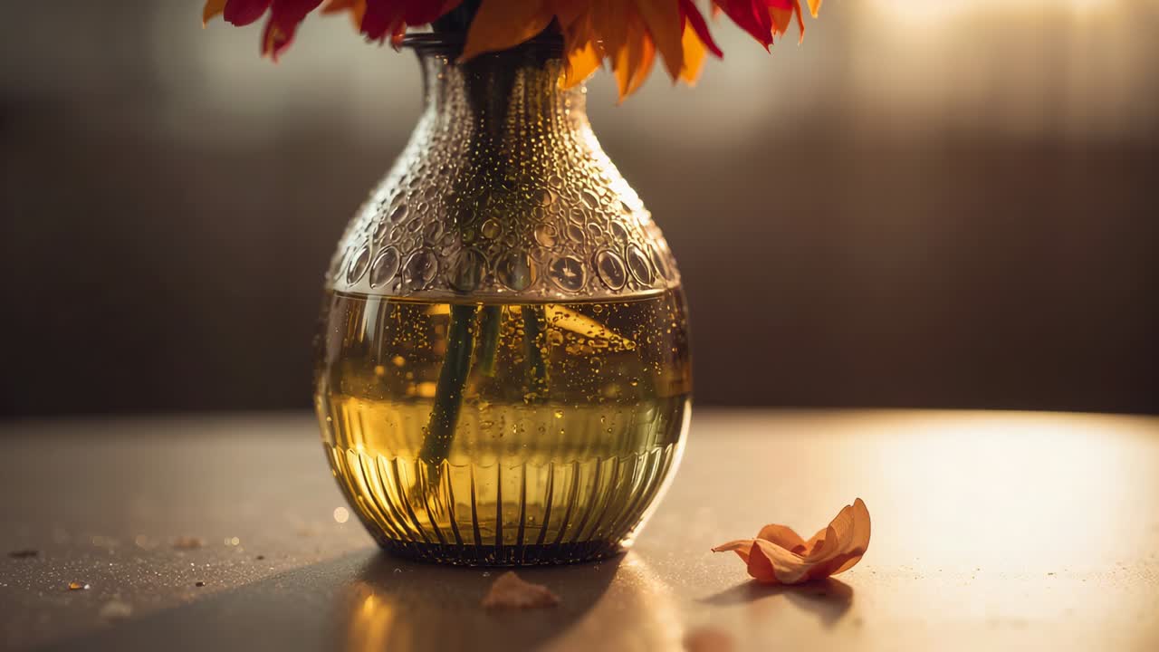 Tillbakadragning, kameran avslöjar texturerad glasvas med gula blommor nära fönstret, skiftande kronblad