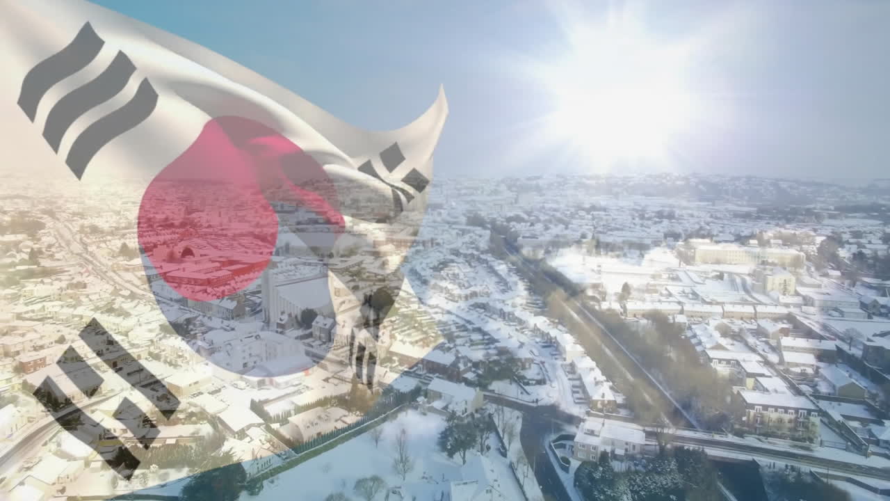 South Korean flag waving over snowy town under sun casting long shadows in animated illustration