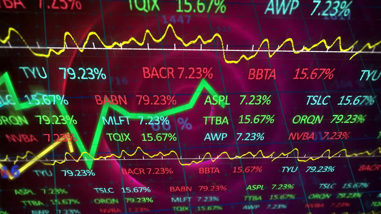 Animazione di elaborazione dati finanziari su cerchi rosa luminosi.