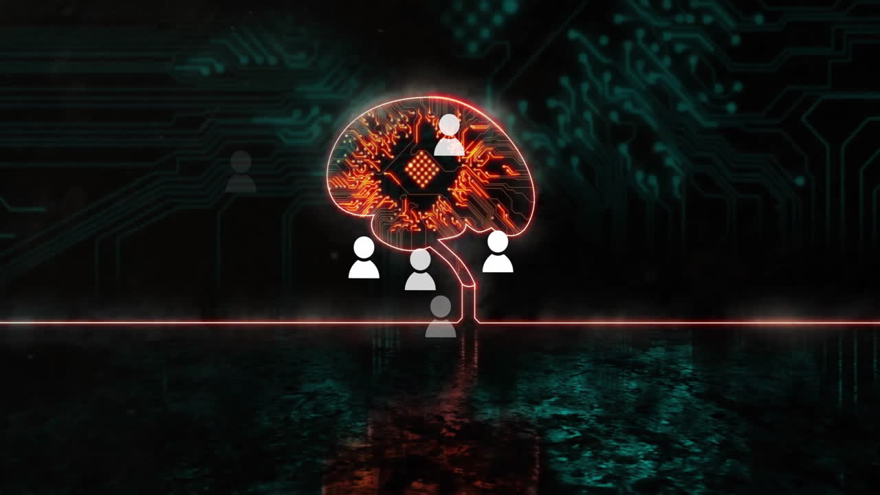 Glowing brain-shaped circuit board pulsing center connecting user icons on neon circuitry 3D render