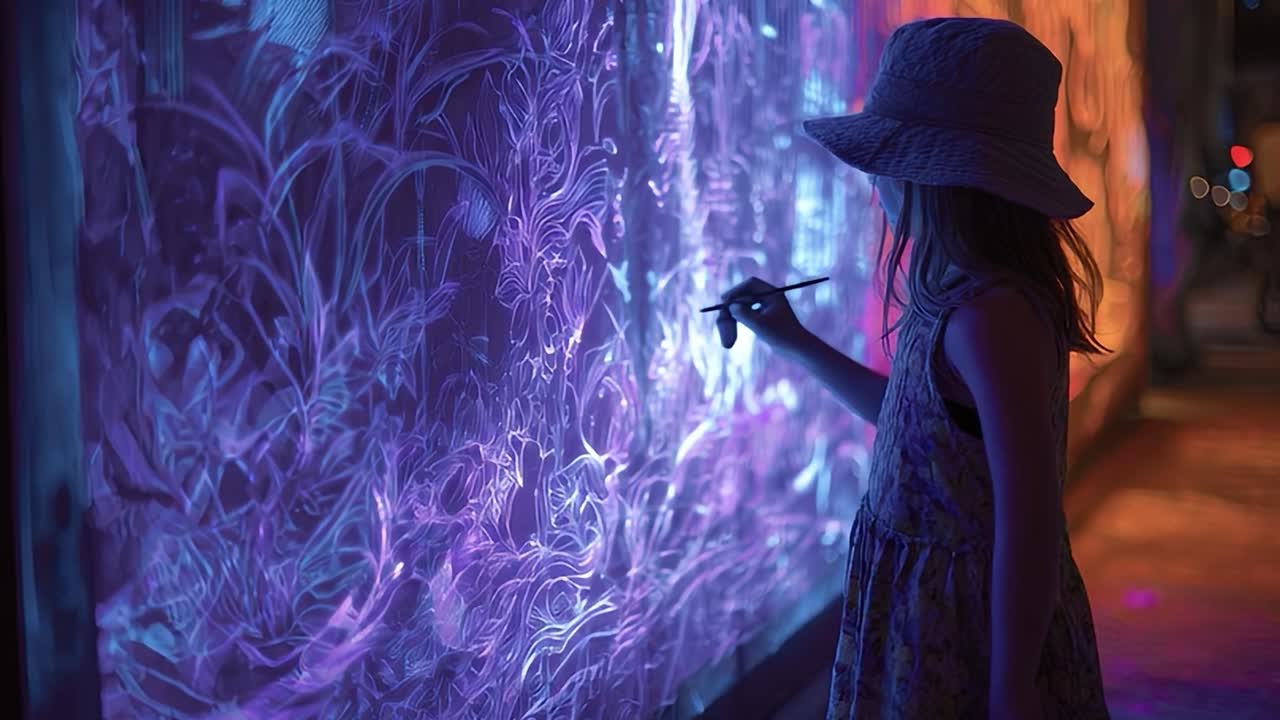 Bambino crea opere d'arte luminose su una parete interattiva durante un evento serale