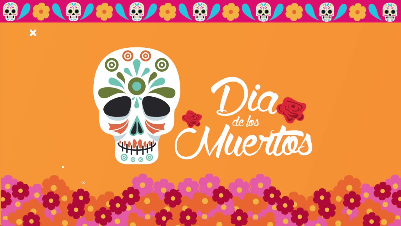 Dia de los Muertos fejring med tekst, kranie og blomsterramme